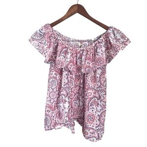 Faherty Cotton Paisley Off The Shoulder Ruffle Blouse Red Size Small